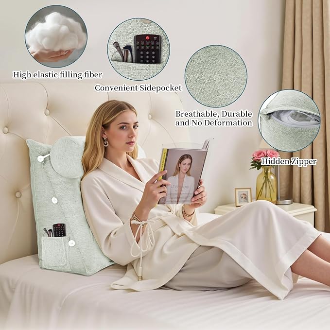 Bed Wedge Reading Pillow, Adjustable Reading Throw Cushion Triangular Pillow Wedge Couch Pillow for Lumbar Neck Back Support Pillow with Removable Linen Cover