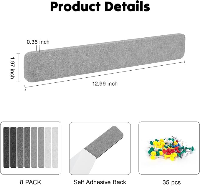 8Pcs Felt Bulletin Board Strips, Cork Board Strips for Walls Self Adhesive with 50 Pushpins, Colorful Cork Strips for Office Classroom Decor, Small Bulletin Board to Paste Photos, Notes (Black)