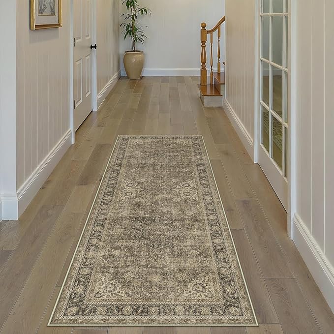 3x7 Washable Brown Runner Rug Vintage Hallway Kitchen Carpet Non-Slip Soft Low Pile Distressed Throw Rug for Bedroom Bathroom Laundry Living Room