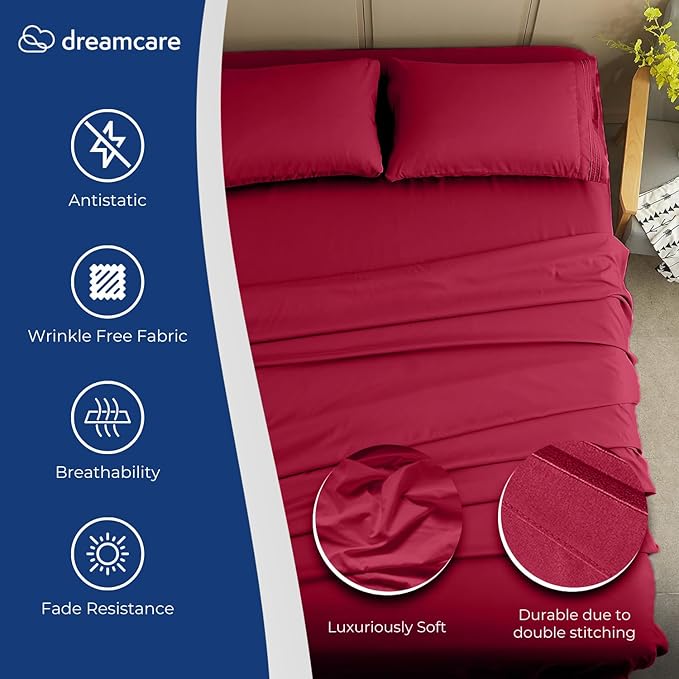 DREAMCARE Full Size Cooling Sheets - 4pcs Set - Soft & Long Lasting 100% Fine Brushed Polyester with Side Pocket - Burgundy DREAMCARE