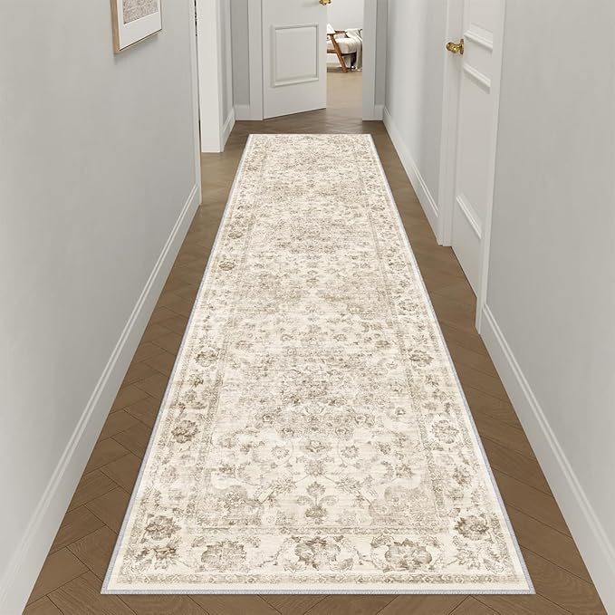 3x10 Washable Neutral Runner Rug Beige Vintage Hallway Kitchen Carpet Non-Slip Soft Low Pile Floral Throw Rug for Bedroom Bathroom Laundry Living Room