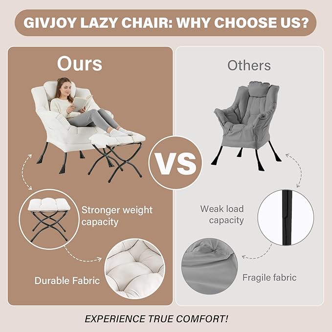 Cozy Lazy Chair and Ottoman, Large Contemporary Accent Lounge Chair Set, Leisure Upholstered Reading Armchair for Bedroom, Living Room, Dorm Rooms, Office, Peach Beige