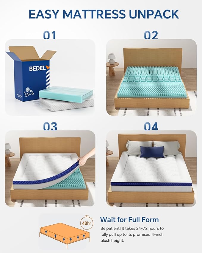 BEDELITE Full Mattress Topper Dual Layer 4 Inch Memory Foam Mattress Topper, 2 Inch Pilow Top Mattress Pad and 2 Inch Premium Gel Foam Mattress, with Stretchable Pockets Up to 6"-24"