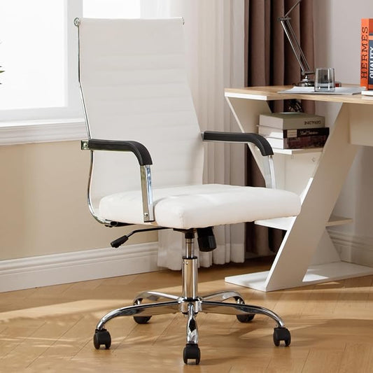 Office Chair, Ergonomic Executive Conference Room Chairs, Ribbed Leather Desk Chair with Lumbar Support, Adjustable Height Mid-Back Swivel Chair (Square Tube Armrests, White)