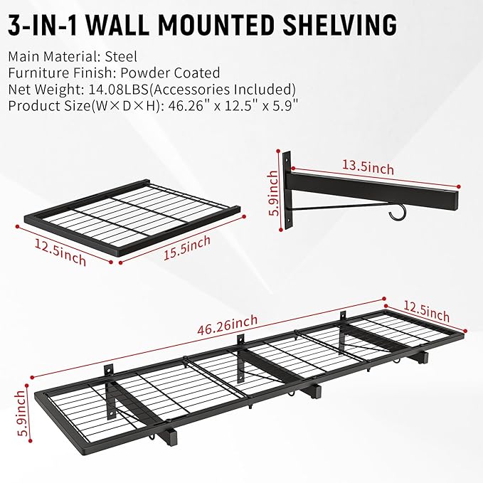 Garage Wall Shelves, 46"X12.5" Garage Shelving Wall Mounted, Heavy Duty Shelf Storage Rack with 4 Hooks, Black Organizer Floating Metal Shelf 160 LBS Capacity for Office, Basement, Laundry Room
