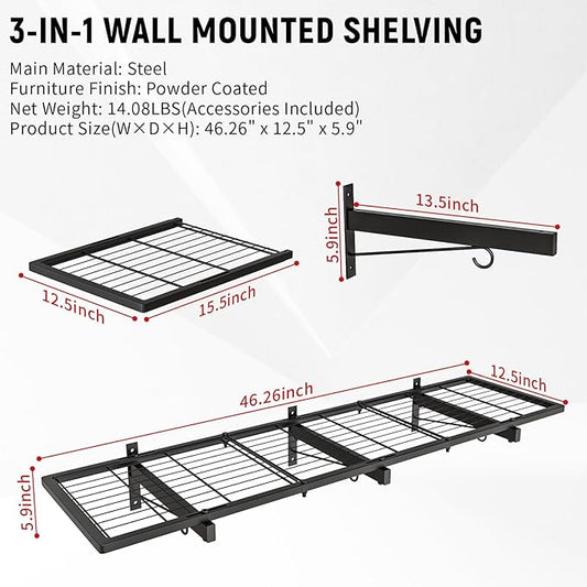 Garage Wall Shelves, 46"X12.5" Garage Shelving Wall Mounted, Heavy Duty Shelf Storage Rack with 4 Hooks, Black Organizer Floating Metal Shelf 160 LBS Capacity for Office, Basement, Laundry Room