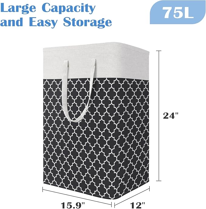 BlissTotes 3-Pack Laundry Basket, Freestanding＆Waterproof Laundry Hamper, Collapsible Tall Clothes Hamper with Easy Carry Handles for Clothes, Towels in the Family and Dorm,Clover Black,75L