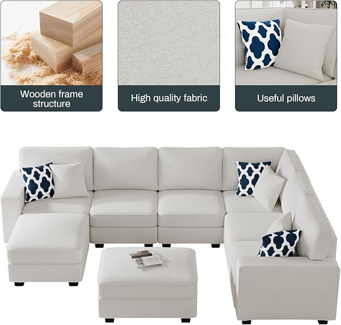 Legend Vansen Modular Sectional Sofa U Shaped Couch with Ottoman Modern Reversible Corner Sectional Couch for Living Room (Cream, U Shaped Sofa-3)