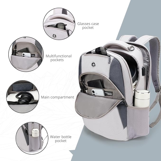 Swissdigital Design Business Laptop Backpack, College Laptops Backpack with USB Charging Port for Men and Women Fits 16 Inch Notebook, Mauve Grey | SD1670-05