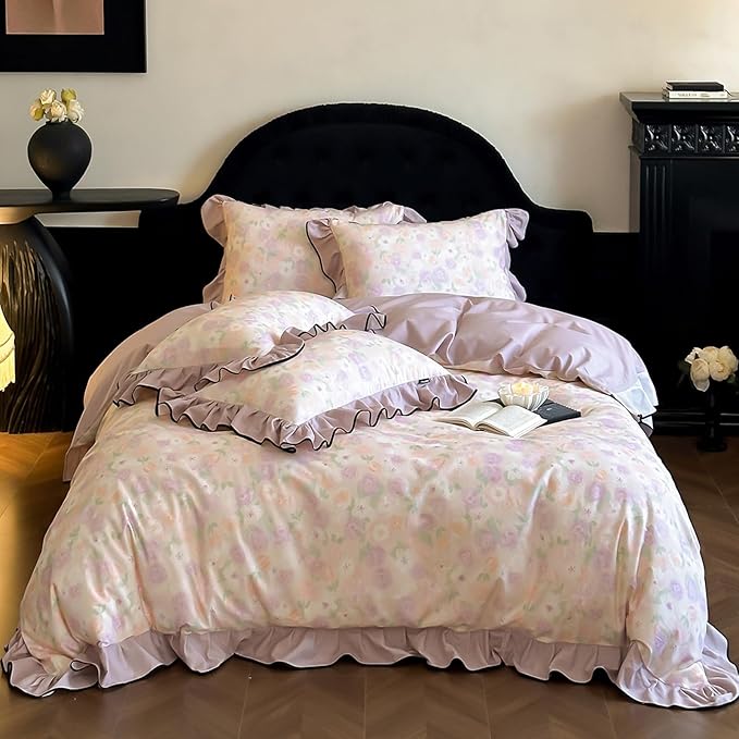 HighBuy Ruffle Floral Duvet Cover Twin Size,Chic Cottagecore Brushed Cotton Comforter Cover Set 3 Piece Coquette Farmhouse Bedding for Teen College,Breathable Durable