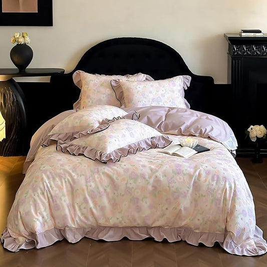 HighBuy Ruffle Floral Duvet Cover Twin Size,Chic Cottagecore Brushed Cotton Comforter Cover Set 3 Piece Coquette Farmhouse Bedding for Teen College,Breathable Durable