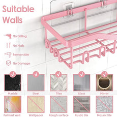 Shower Caddy Adhesive Shower Organizer 7-Pack, Rustproof Stainless Steel Bathroom Shelves, Large Capacity No-Drill Rack Storage Accessories with Soap Dish Toothbrush Holder Hooks (Pink)