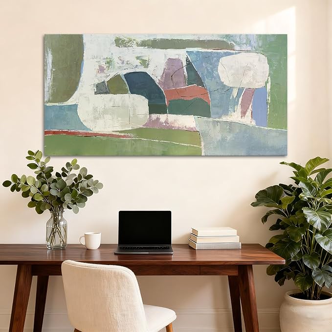 YETHEN WAL Sage Green Abstract Wall Art – 20×40 Minimalist Canvas Print, Soft Olive & Mist Blue Artwork for Living Room, Bedroom or Entryway Decor