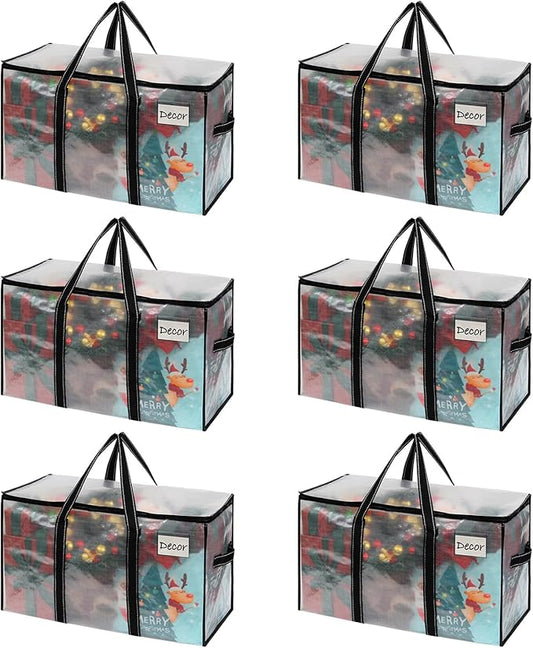 VENO 6 Pack Moving Bags & Large Christmas Storage Bins with lids for Decorations, Garland, Lights. Moving Boxes Packing Supplies for College Dorm. Extra Large Heavy Duty Totes (Clear-6 Pack)