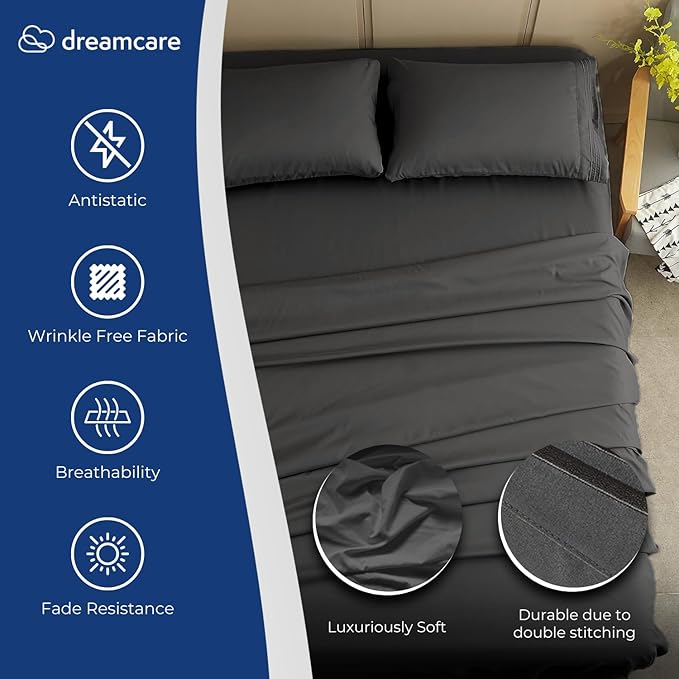 DREAMCARE Queen Size Sheets - Cooling Bed Sheets - 4pcs Set - up to 15" Deep Pocket Queen Sheet Set - Sheets Queen Size Bed - Soft & Long Lasting 100% Fine Brushed Polyester with Side Pocket - Grey DREAMCARE