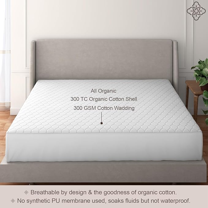 Bioweaves 100% Organic Cotton Mattress Pad Cover, GOTS Certified Cooling 300GSM Quilted Fitted Mattress Topper & Protector with Soft Cotton Wadding - White, 20 Inch Deep Pocket, Twin XL