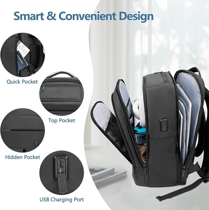 Backpack for Men Business Travel Laptop Backpack with USB Charger Lightweight Anti-Theft Water-Resistant Fits 15.6 Inch Laptop for Commute Travel Daily Work College with Small Bag-Black
