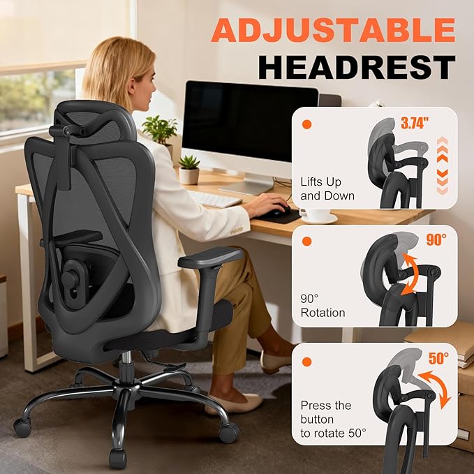 AnyGod Office Chair Ergonomic Desk Chair,Adjustable Headrest Lumbar Support,300lbs Wide Seat Big and Tall with 3D Armrests, Comfy for Computer Work, Study, Home Office (Black)