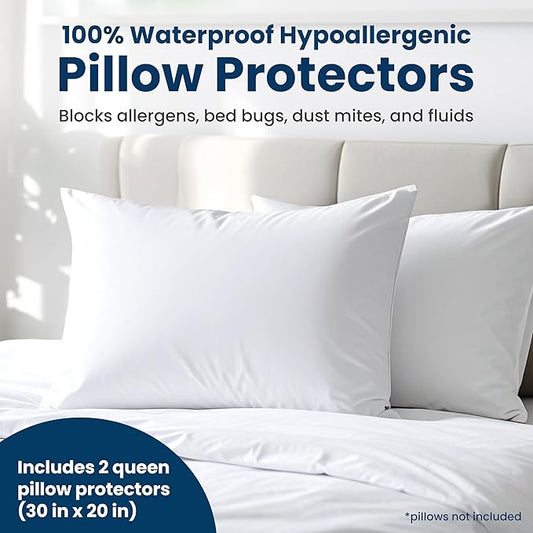 100% Stain Resistant & Waterproof Queen Size Pillow Protectors with Zipper Set of 2 - Bed Bug & Dust Mite Proof White Pillowcases - Breathable, Comfortable Pack of Covers for Pillows, 20 x 30 Inches