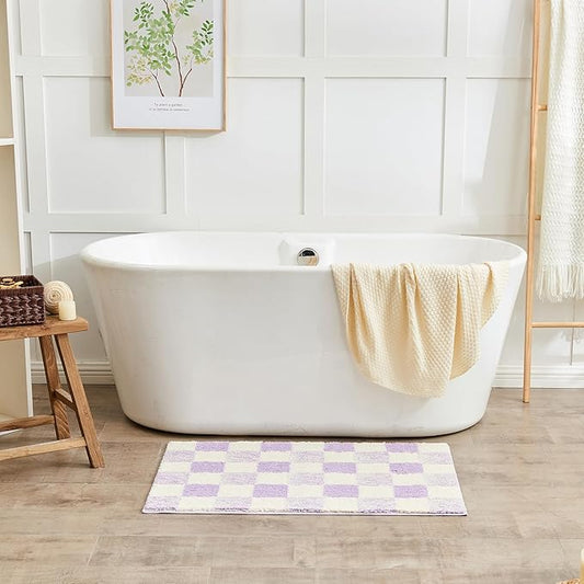 CozeCube Bath mats for Bathroom Non Slip, Fluffy Absorbent Microfiber Bath mat Washable, Aesthetic Bathroom Rugs, Long Purple Checkered Bath mat, Lavender, 47" x 24"