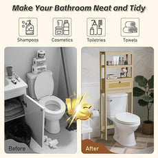Over The Toilet Storage Cabinet, 3-Tier Behind Toilet Bathroom Organizer, Wooden Above Toilet Storage Shelf with Rattan Door, Space Saver for Restroom, Bathroom, Laundry