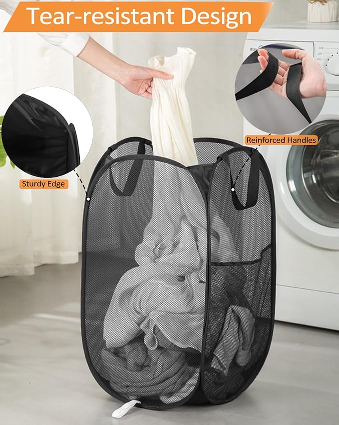 2 Pcs Durable Collapsible Laundry Baskets - Reinforced Mesh Pop Up Laundry Hamper with Pocket, Foldable Dirty Clothes Hamper with Carry Handles for Laundry, Bathroom, Kids Room, Dorm or Travel Black