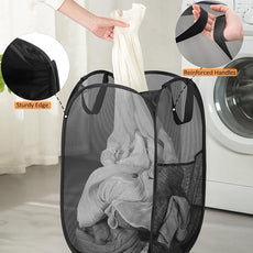 Durable Collapsible Laundry Baskets - Reinforced Mesh Pop Up Laundry Hamper with Pocket, Foldable Dirty Clothes Hamper with Carry Handles for Laundry, Bathroom, Kids Room, Dorm or Travel Pink+Black