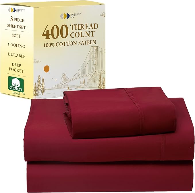 California Design Den Twin Sheets Set - Soft 400 Thread Count Sateen, Natural 100% Cotton Sheets with Deep Pockets, and Durable Bedding Set - Bright True Red CaliforniaDesignDen