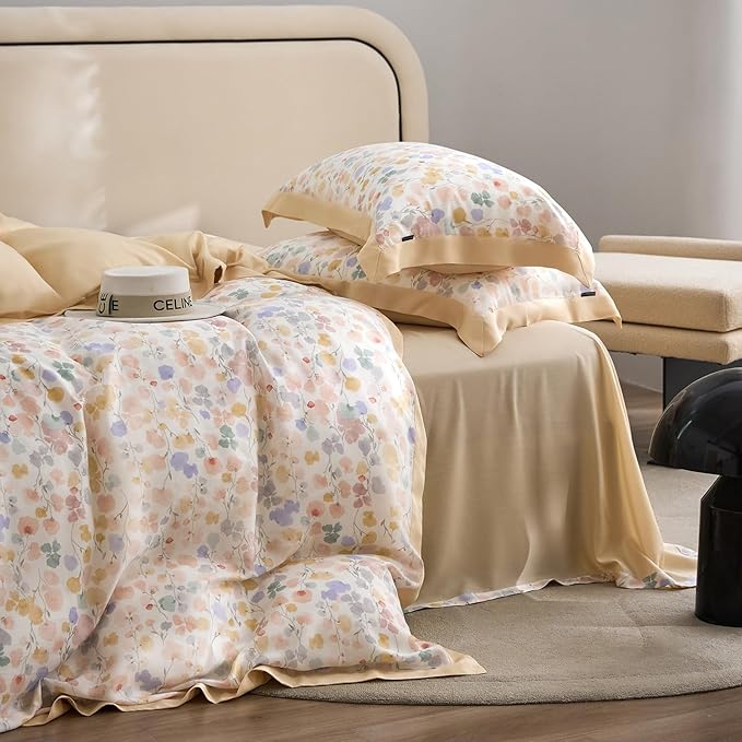 mixinni Shabby Chic Breathable Lyocell Duvet Cover Set Soft Aesthetic Colorful Painting Flowers Cooling Bedding for Hot Sleepers with 2 Pillow Shams, Zipper Closure and 4 Ties, Twin XL Size