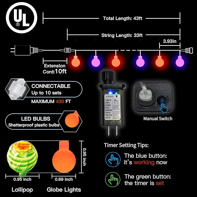 suddus Halloween Lights Indoor with Remote, 33ft 100 Led Purple and Orange Globe String Lights, Fairy Lights Plug in with 8 Lighting Modes for Bedroom, Home, Office, Halloween Decorations