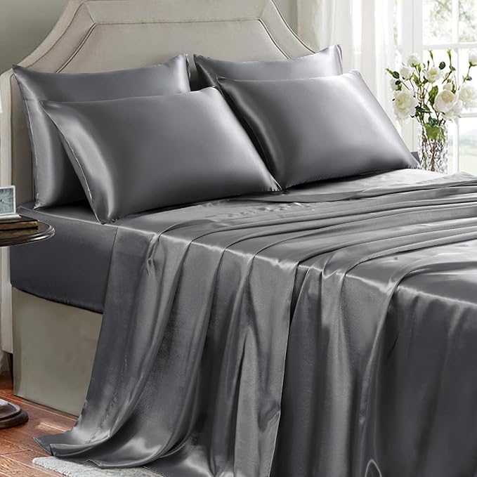 Satin Sheets Queen Size - 6 Pieces Luxury Silky Soft Bed Sheets, Wrinkle-Free Dark Grey Satin Silk Sheet Set with 1 Deep Pocket Fitted Sheet, 1 Flat Sheet, 4 Pillow Cases