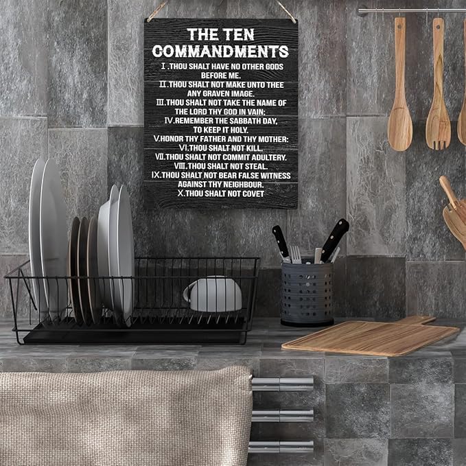 YCYD Ten Commandments Decor,10 Commandments Desk Poster, Christian Bible Verse Decor Religious Home Rustic Wooden Box Sign for Living Room Bedroom Office 10 x 8 Inches Black