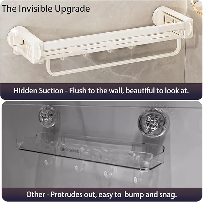 16" Shower Caddy Suction Cup, Concealed Shower Shelves Suction Cup with Hooks & Towel Bar, NO-Drilling Suction Shelf for Bathroom & Kitchen - White