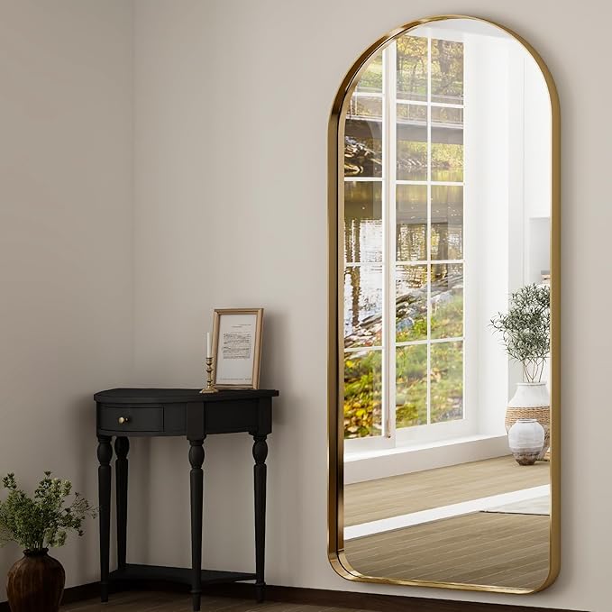 71''x30'' Large Arched Full Length Mirror, Floor Standing Stylish Full Body Mirror with Rounded Corners for Home Decor, Aluminum Alloy Frame Hanging Mirror for Wall, Gold
