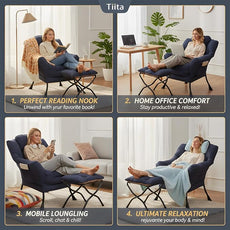 Tiita Lazy Chair with Ottoman, Modern Large Accent Lounge Armchair, Comfy Leisure Sofa Reading Chair with Footrest for Bedroom, Living Room, Dorm Rooms, Garden and Courtyard, Navy