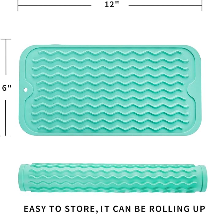 Silicone Dish Drying Mat for Multiple Usage,Easy clean,Eco-friendly,Heat-resistant Silicone Mat for Kitchen Counter or Sink,Refrigerator or Drawer Liner Mint S 12 inches x 6 inches