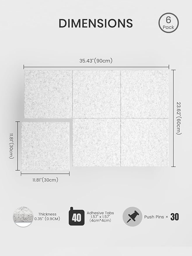 Bumusty Large Cork Board 36"x24" Alternative - 6 Pack Felt Wall Tiles with 40 Safe Removable Adhesive Tabs, 30 Pushpins, Cork Boards for Walls Pin Board Bulletin Board Office Decor (Marble Gray)