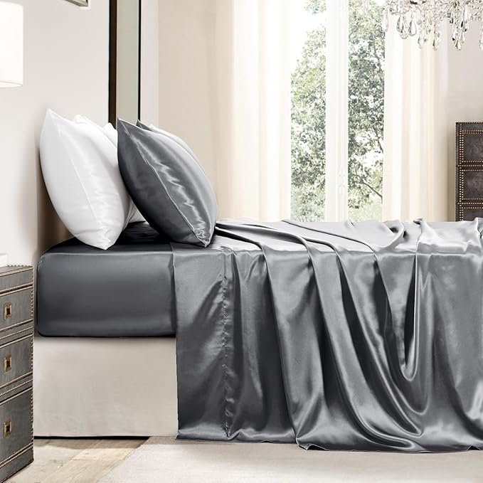 Satin Sheets California King Size - 4 Pieces Luxury Silky Soft Bed Sheets, Wrinkle-Free Dark Grey Satin Silk Sheet Set with 1 Deep Pocket Fitted Sheet, 1 Flat Sheet, 2 Pillow Cases