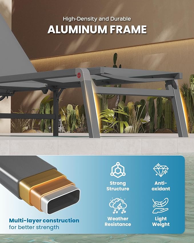 Foldable Pool Lounge Chairs, Aluminum Chaise Lounge Outdoor with 5 Positions Recliner - Free Assembly - Patio Lounge Chair for Poolside, Beach (Darkgray)