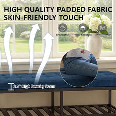 Rectangular Upholstered Tufted Linen Ottoman Storage Bench, Large Footrest Ottoman with Iron Base, Navy Blue End of Bed Bench for Entryway, Living Room, Bedroom