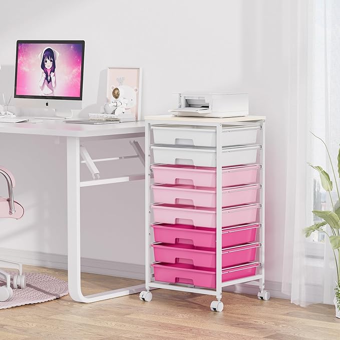 Rolling Cart with Drawers,Storage Cart with 8 Drawers and Wooden Tabletop,Utility Cart for Living Room,Classroom, Bedroom,Bathroom,Dorm,Office,Rose Pink