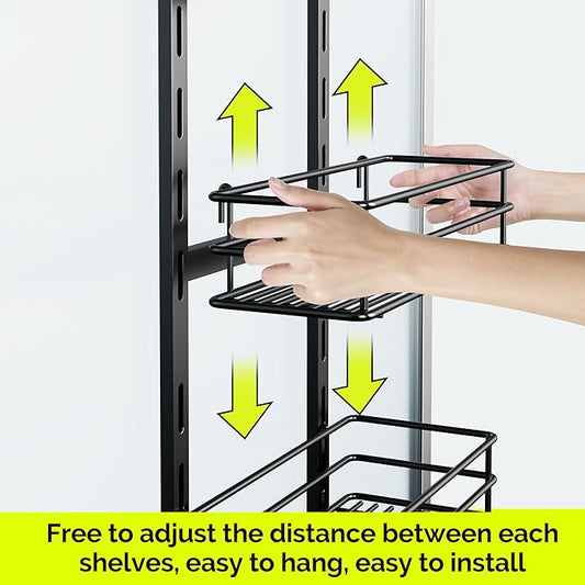 Orimade Over The Door Shower Caddy Adjustable 4 Tier Black,Bathroom Hanging Organizer Shelf Rustproof with 4 Hooks,Shower Basket with Soap Holder and Suction Cup