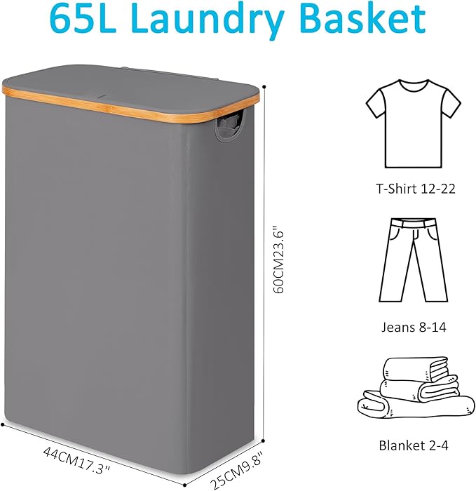 efluky Slim Laundry Basket with Lid, Narrow Laundry Hamper with Removable Bag, Skinny Dirty Clothes Basket with Bamboo Handles for Bathroom, Bedroom & Laundry Room, 65L Grey