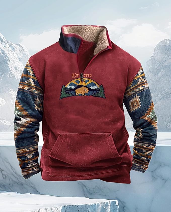 Western Sweatshirts for Men Aztec Cowboy Vintage Graphic Fleece Hoodie Mens Quarter Zip Pullover Country Jacket