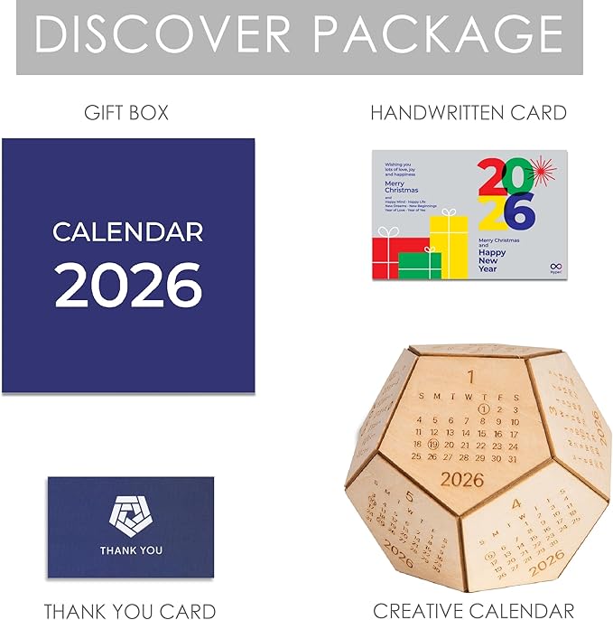 2026 Desk Calendar Wood Dodecahedron, DnD Gifts for Men, Funny Office Gifts for Coworkers, Unique Mens Desk Accessories, New Year Gift Ideas for Boss Male, Employee, White Elephant Exchange