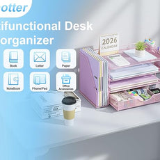 gianotter Desk Organizers and Accessories with File Holder, 4-Tier Desk Accessories & Workspace Organizers with Drawer and 2 Pen Holder, Paper Organizer for Office Supplies (Pink)