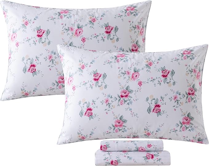 FADFAY Rose Sheets Set Twin XL Pink Floral College Bedding Rustic Botanical Dorm Sheets Vintage Farmhouse Bedding 100% Cotton Breathable Collection with Deep Pocket Fitted Sheet 4Pc, Twin XL Size