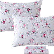 FADFAY Rose Sheets Set Queen Pink Floral Bedding Rustic Botanical Flower Bed Sheet Set Vintage Farmhouse Bedding 100% Cotton Soft Breathable Collection with Deep Pocket Fitted Sheet 4Pcs, Queen Size