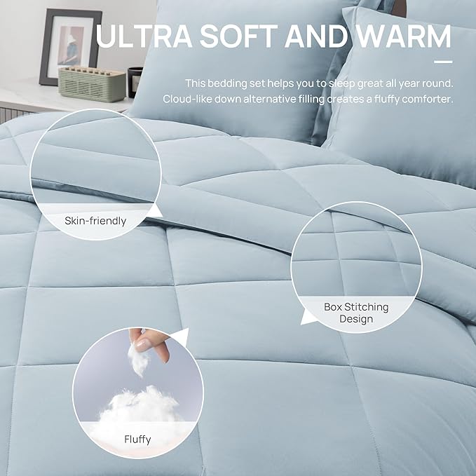 Love's cabin Queen Comforter Set Light Blue, 7 Pieces Queen Bed in a Bag, All Season Bedding Sets with 1 Comforter, 1 Flat Sheet, 1 Fitted Sheet, 2 Pillowcase and 2 Pillow Sham