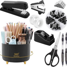 SKYDUE Black Office Supplies, Black Office Desk Accessories 10PCS, Pencil Holder for Desk, Stapler, Tape Dispenser, Scissors, Ruler, Clips and 1000pcs Staples, Desk Supplies Set